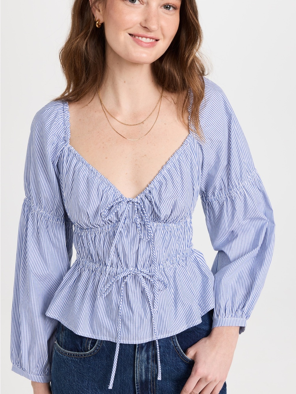 NWT Ciao Lucia Light Blue & White Striped Smocked Peplum Capella Top | Size S